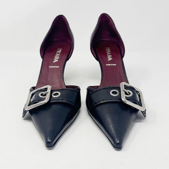 PRADA | Black Leather Heels with Silver Buckle D’Orsay Pumps Women’s Size 39 - Picture 2 of 12